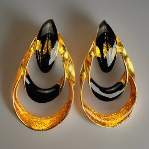Vintage Black and Goldtone Glitter Teardrop Pierced Earrings